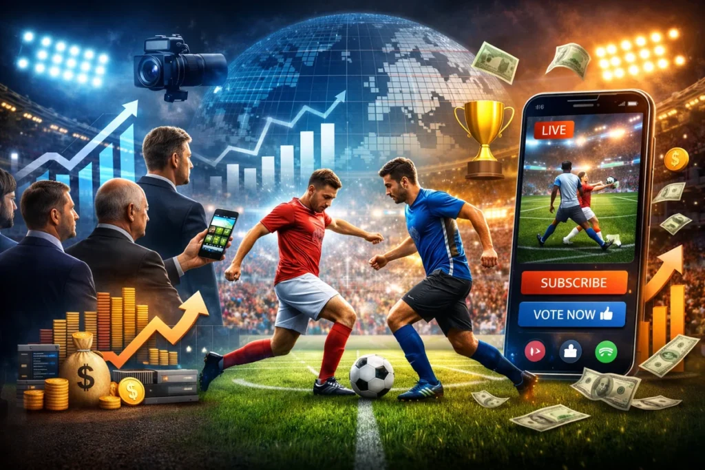 Digital-first soccer league match with investors, live streaming interface, and sports business growth visualization